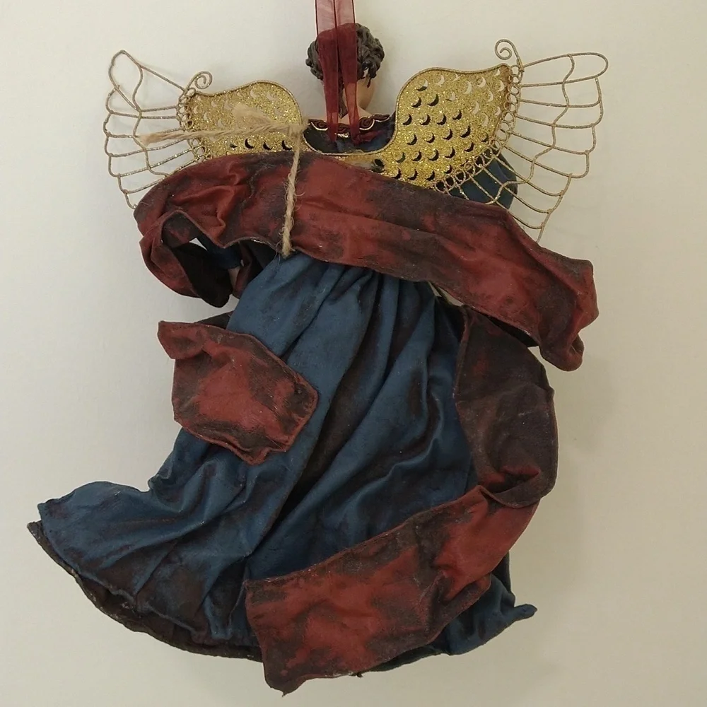 Vintage Renaissance Christmas angel ornament with gold wings large 14 x 11 blue